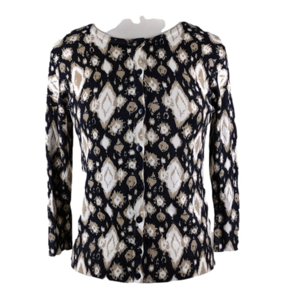 Verve Ami Navy Rattan Beige 3/4 Sleeve Button Up Lightweight Cardigan Sweater - Picture 1 of 11